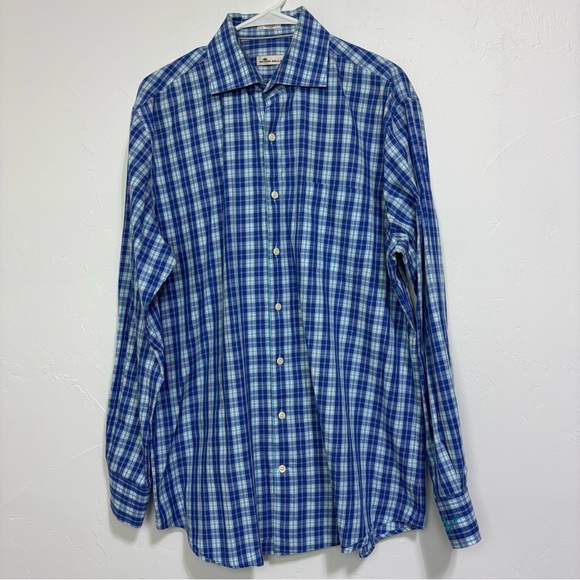 Peter Millar Blue Plaid Check Button Up Dress Shirt Men's Large Cotton Casual - Picture 1 of 13